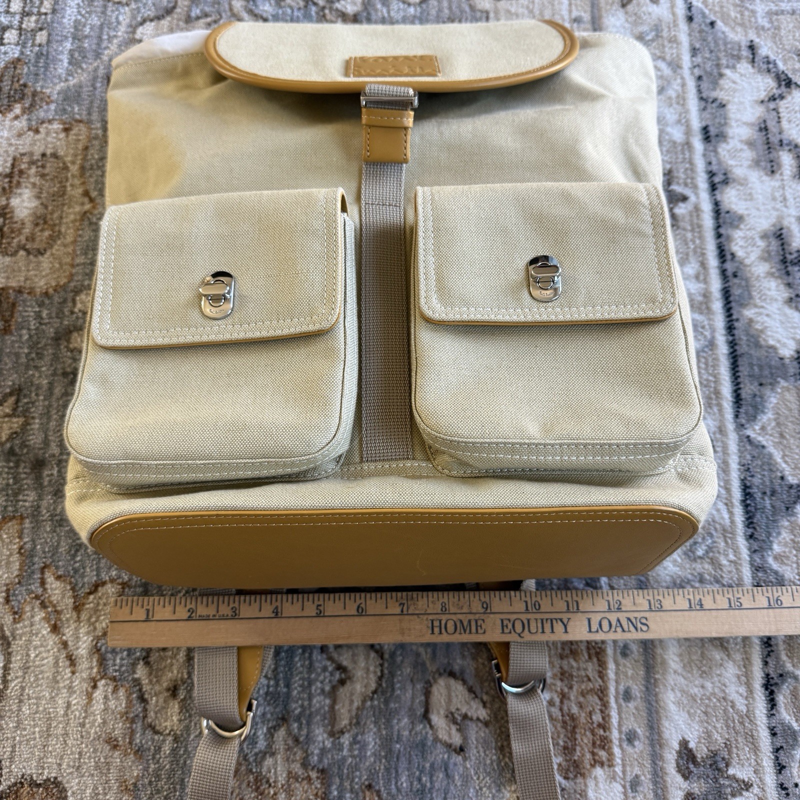Paul Smith Canvas Backpack In Sand Beige Cotton Linen Blend Leather Trim $675