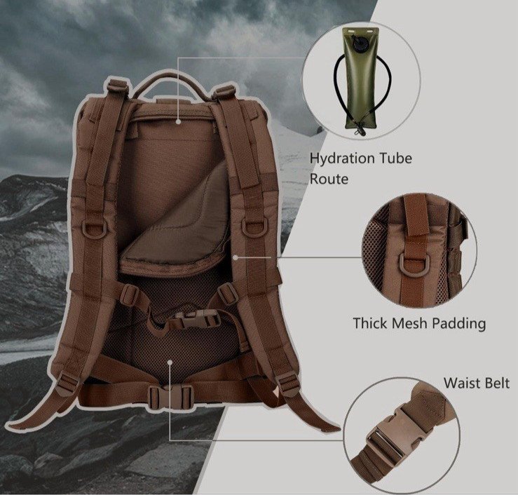 Tactical MOLLE Assault Backpack Military 3-Day Pack Camping Rucksack Brown