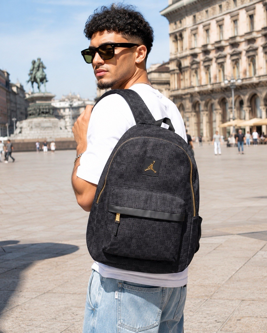 Jordan Monogram Backpack Mens 25L Black Gold Zip Jumpman 23 School Travel Bag