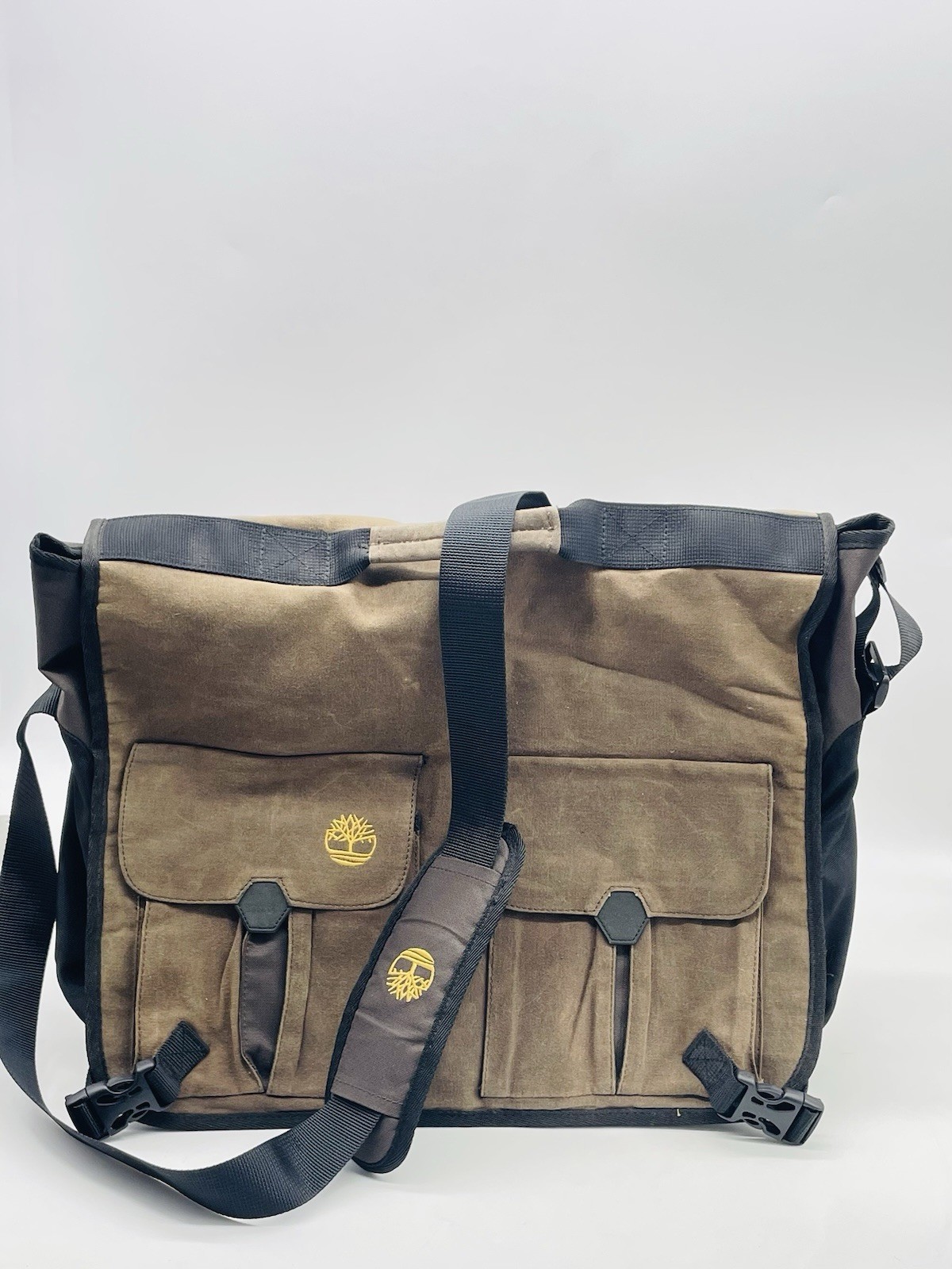 Timberland Brown/Black Canvas Large Messenger Bag Men Adjustable Shoulder Strap