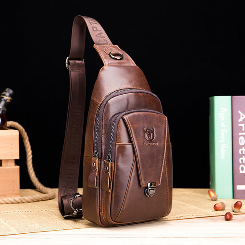 Genuine Leather Crossbody Mens Chest Bag Shoulder Bag Sling Bag Travel Daypack L