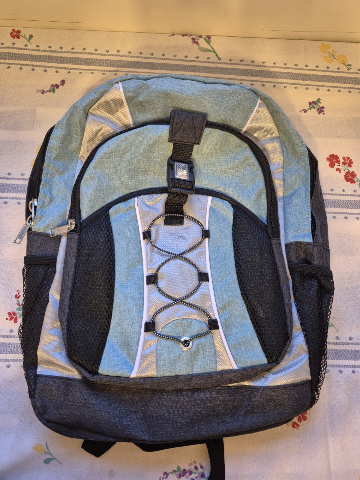 Light Blue Gray Backpack School Sports Travel Bungee Cord Front Daypack Unisex