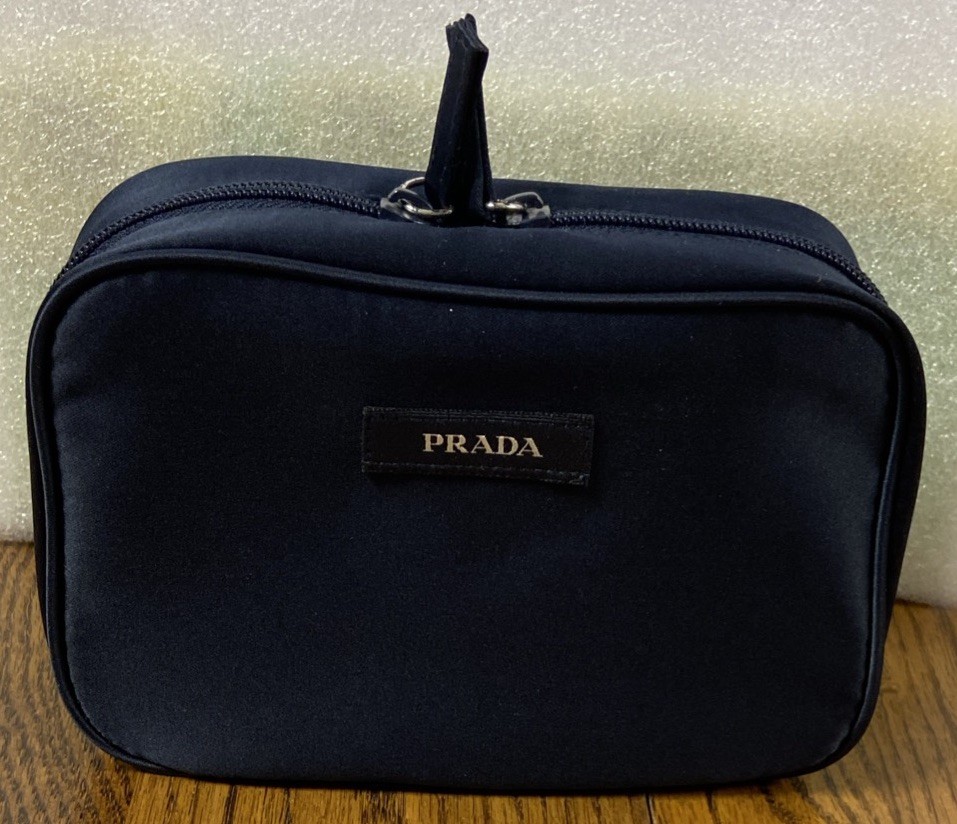 Prada Navy Blue Textile Pouch Travel Toiletry Bag 7″ L X 4.5″Hx 2.5″D Pockets