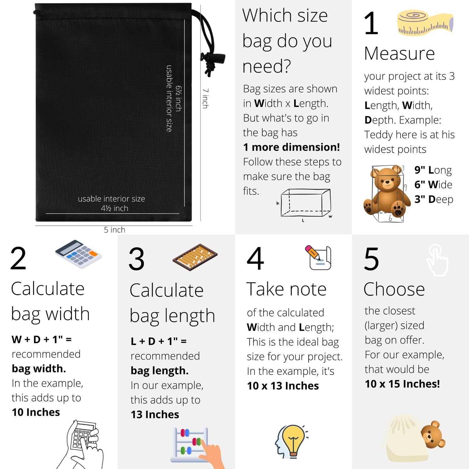Drawstring Bag with Toggle Nylon Cinch and Ditty Pouch Black 5 x 7 Inch Set of 6
