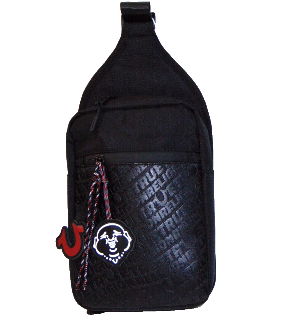 True Religion Wennington Sling Crossbody Black Embossed Logo Buddha Charm NWT