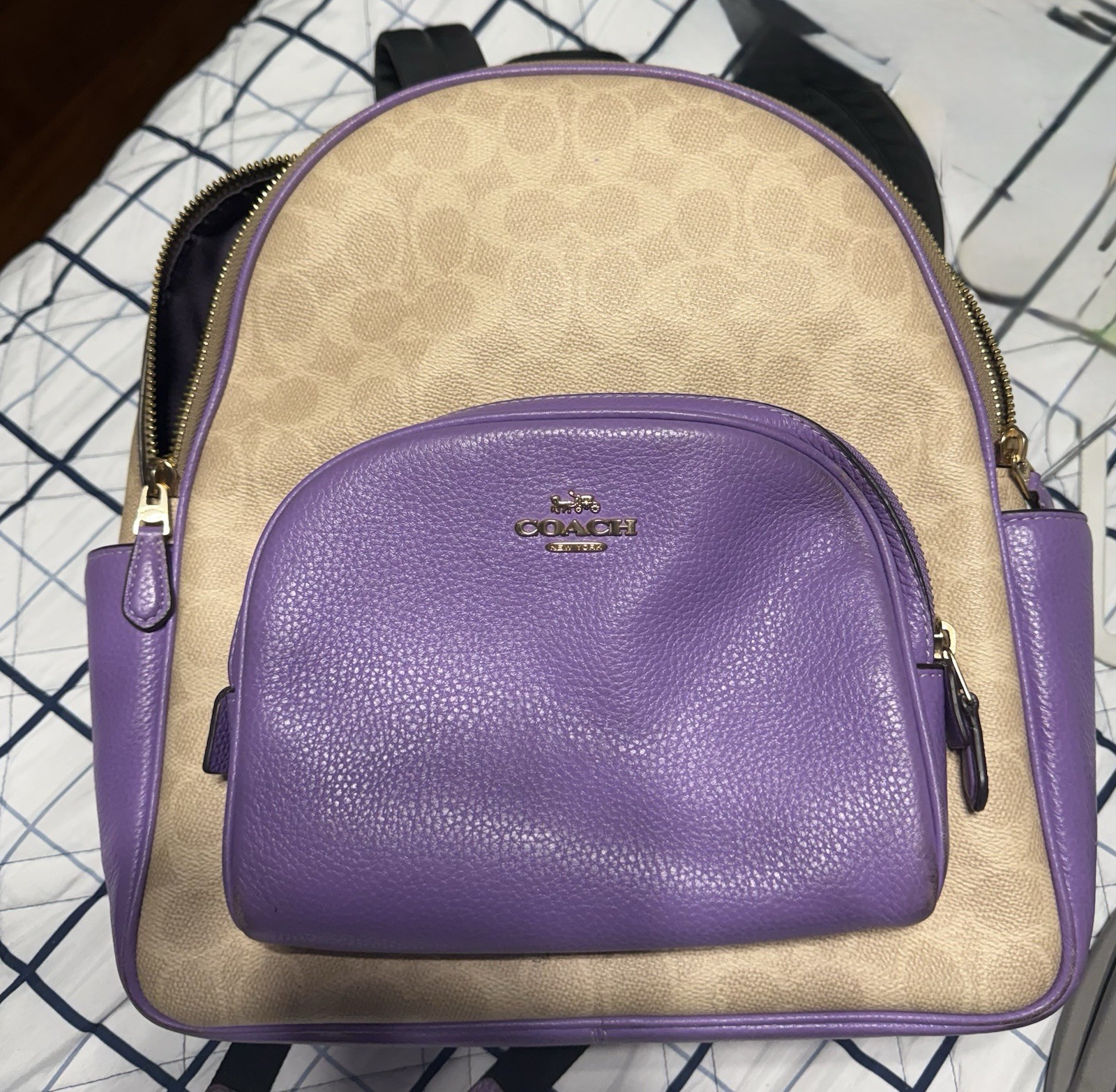 Coach Logo Backpack Purple Beige Zip Closure Adjustable Strap