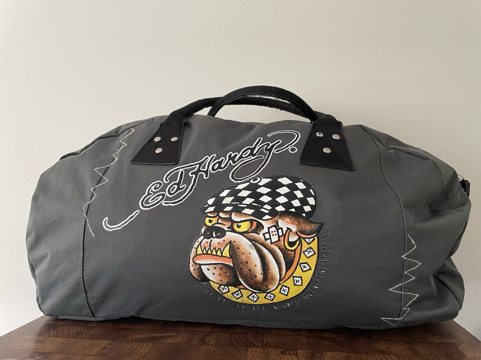 Ed Hardy Graphic Bulldog Love Kills Slowly Canvas Duffel Handle Gym Bag