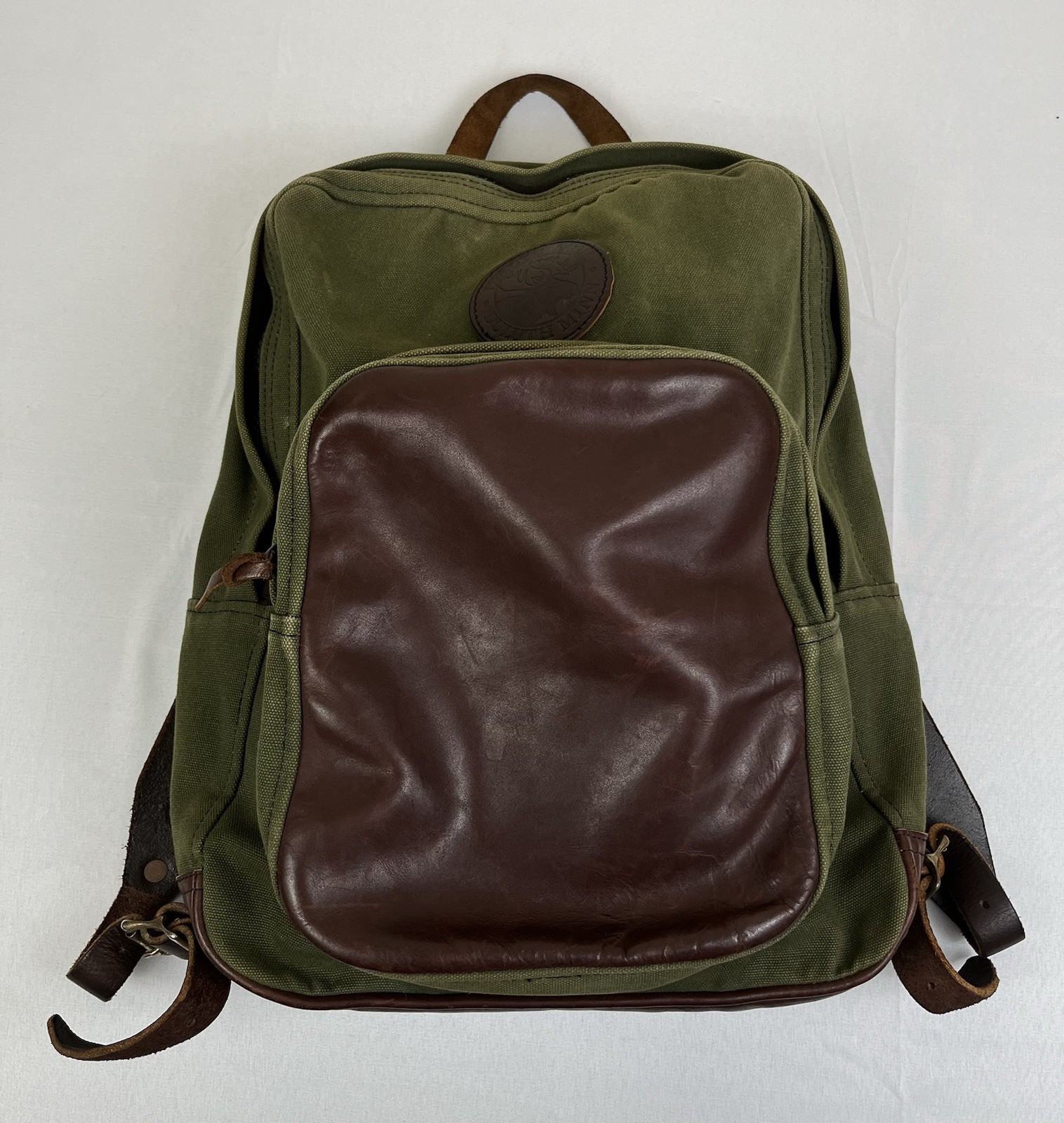 Duluth Pack Green Canvas & Brown Leather Backpack Made In USA YKK Zip Rare
