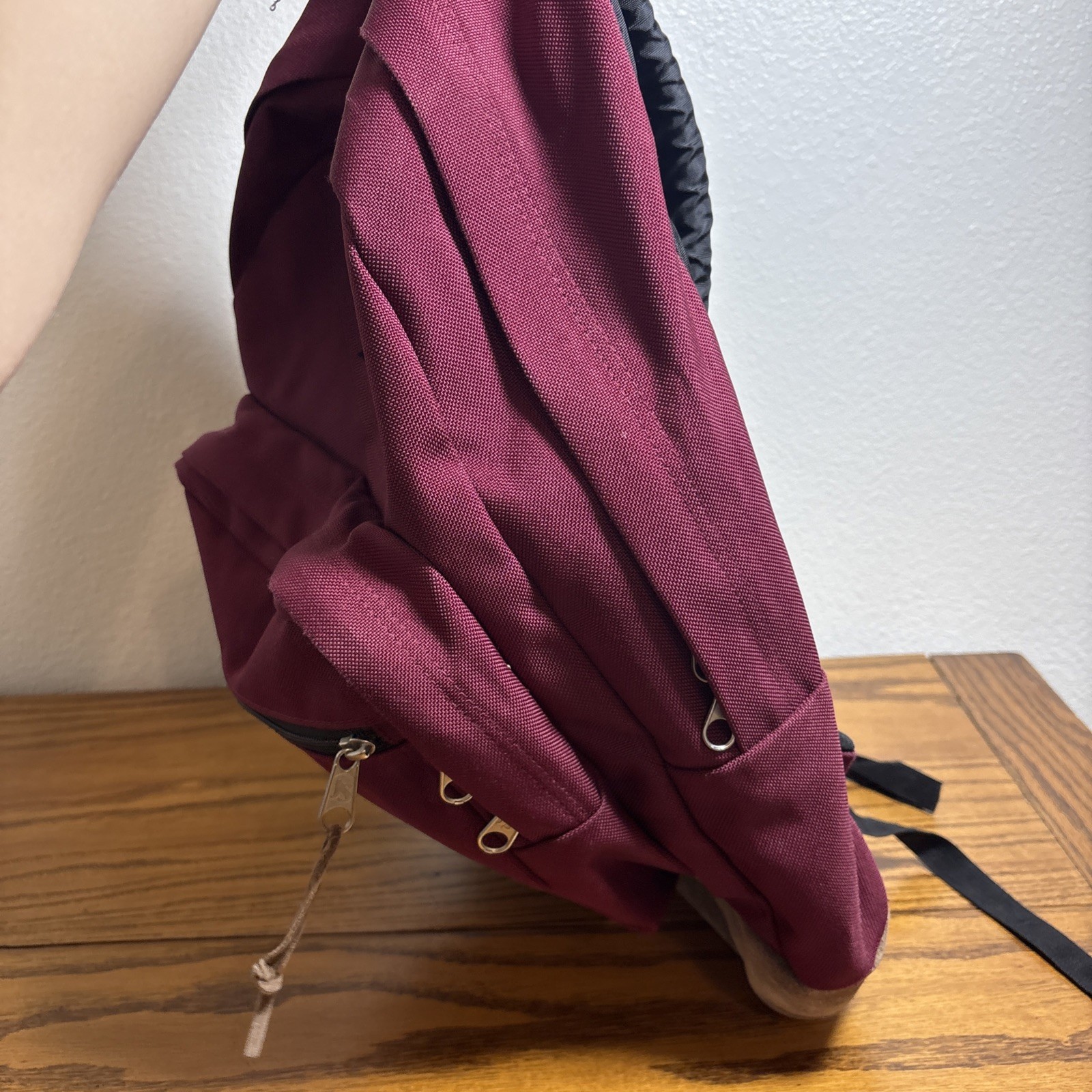 JanSport Maroon Backpack Suede Leather Bottom, Zip Closure, Pockets