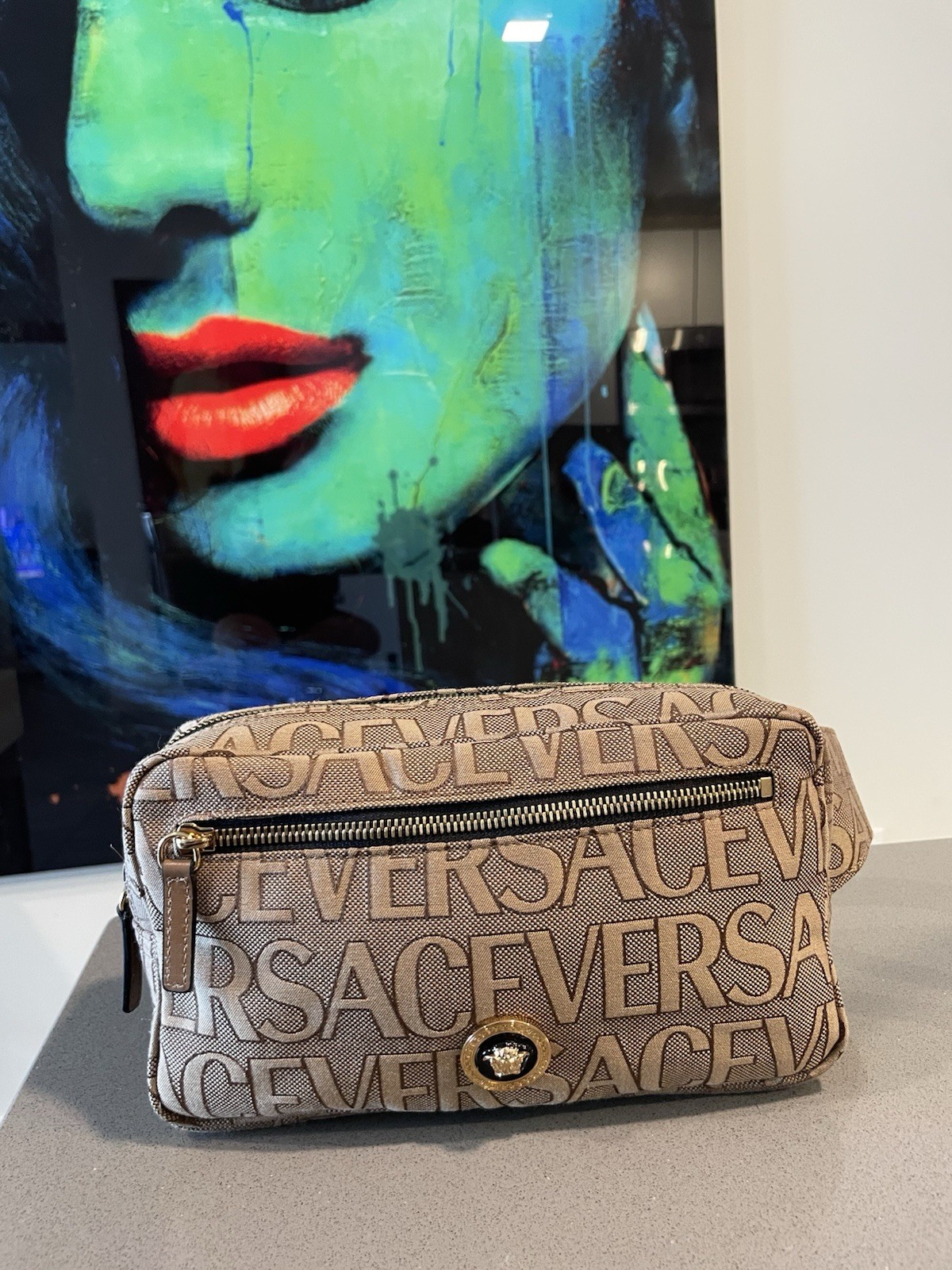Versace Belt Bag Canvas Fabric Allover Beige/brown $1200 Retail Authentic