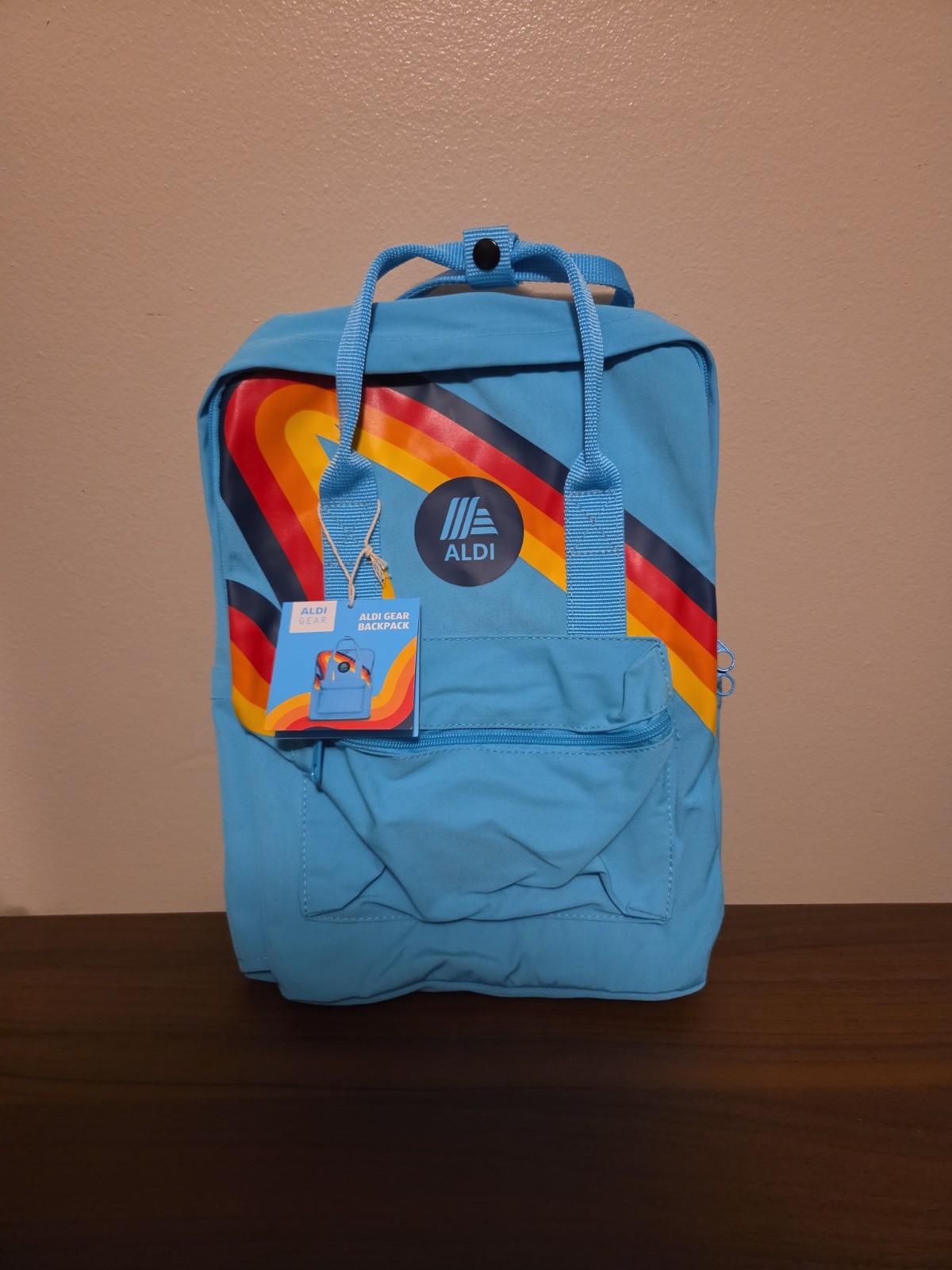 Aldi Gear Blue Rainbow Backpack with Laptop Sleeve Side Pockets Bright Logo NWT