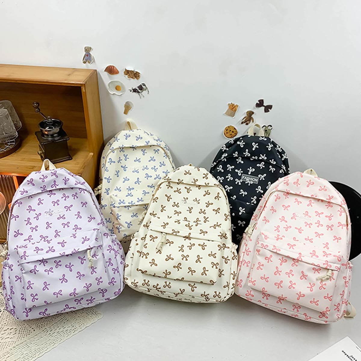 Classic Cute Bow Tie Printed Backpack 16.9 Inch Kawaii Casual Simple Lightwei…