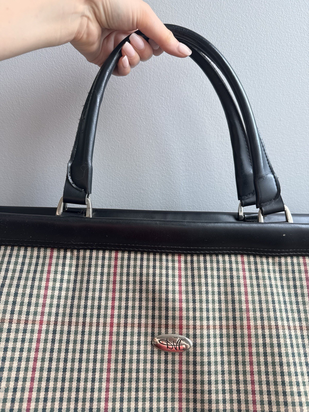 DVF Checkered Vintage Bag, Leather Handles, Zip, Black Beige Red Green