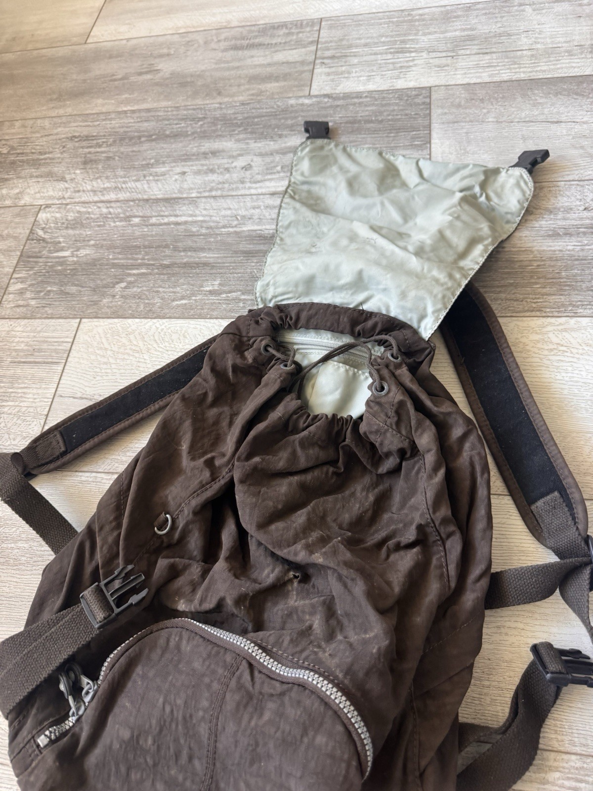 Kipling Brown Nylon Backpack Drawstring Flap Style with Front Zip Pocket & Logo
