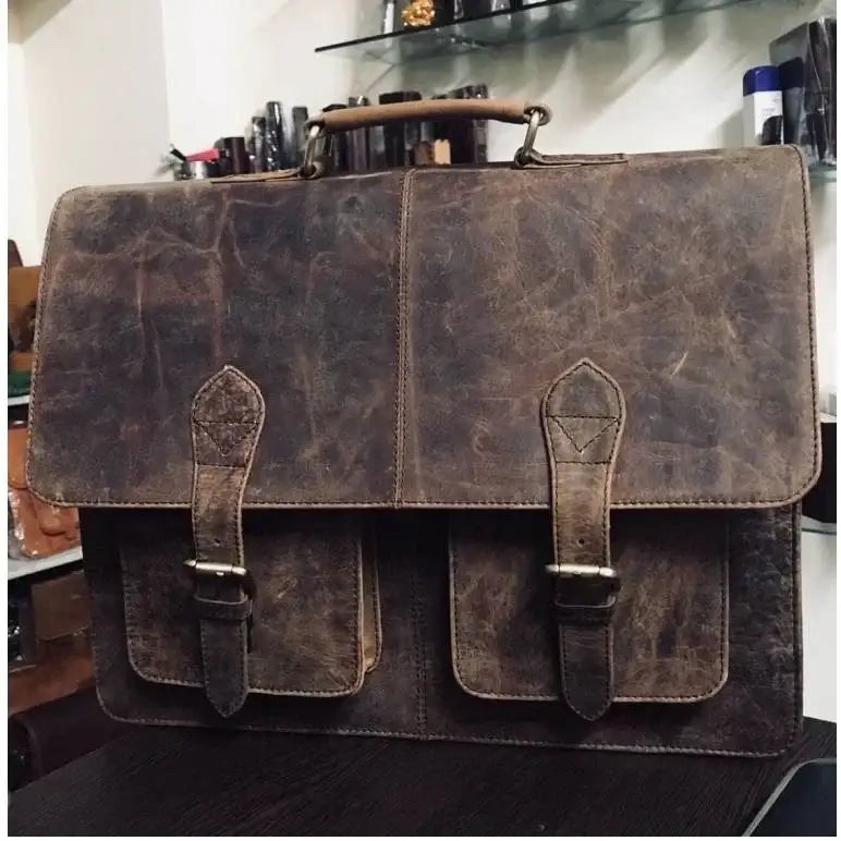 18” Full Grain Leather Laptop Briefcase for Men + FREE Eagle Wallet Vintage Bag