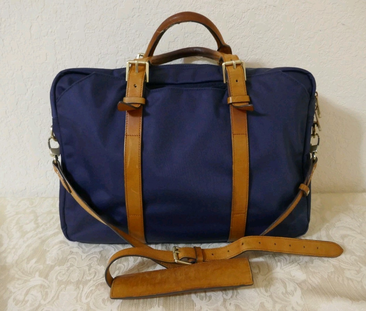 STUART O LAU The Cary Blue Nylon Briefcase Tan Leather Trim Red Interior