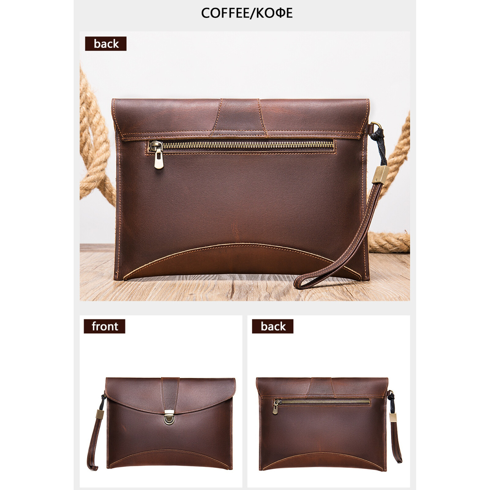 Men’s Leather Clutch Bag with Wrist Strap Business Travel Pouch Workwear Bags Sz