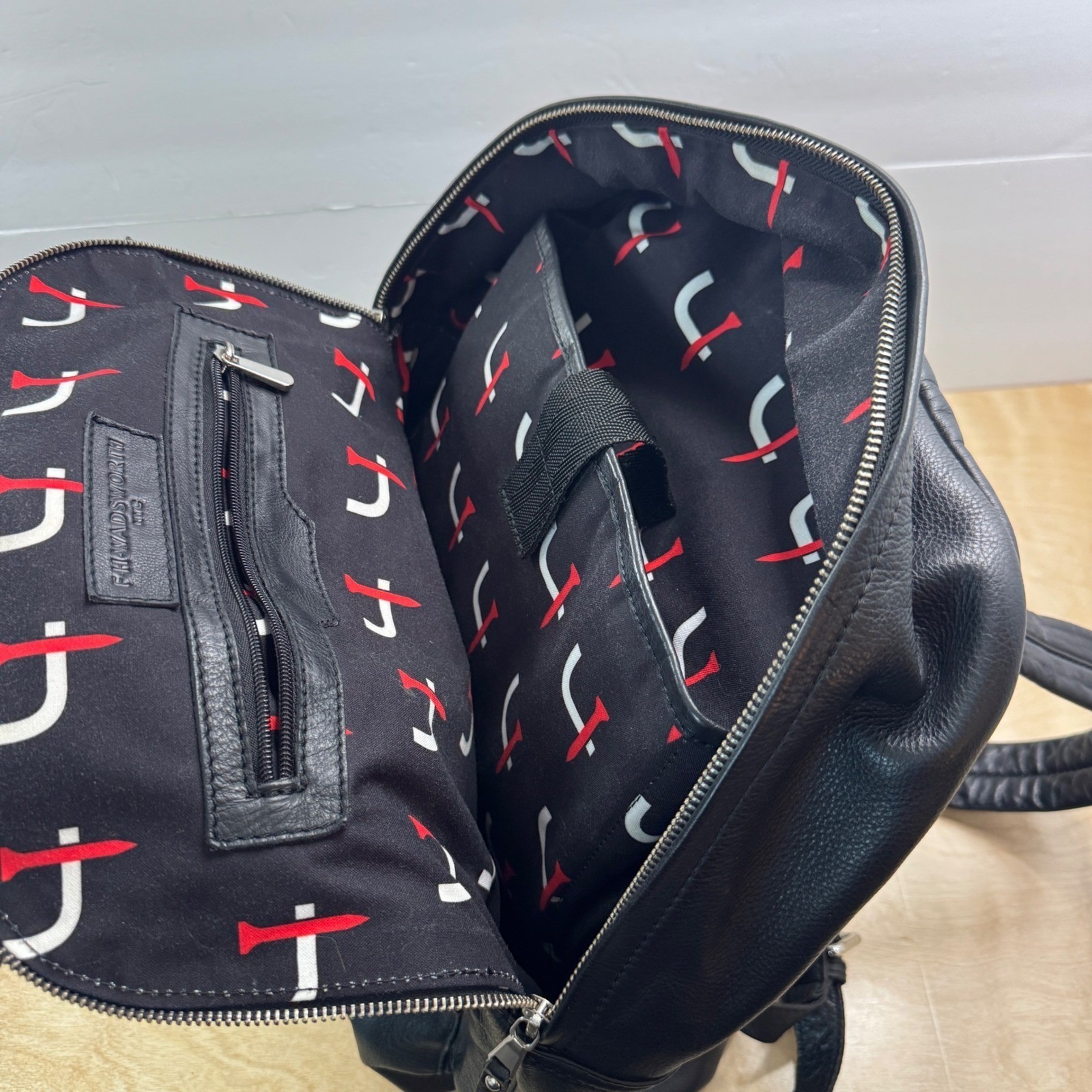 FH Wadsworth Black Leather Backpack Short Par 4 Logo Laptop Sleeve Frayed *READ*
