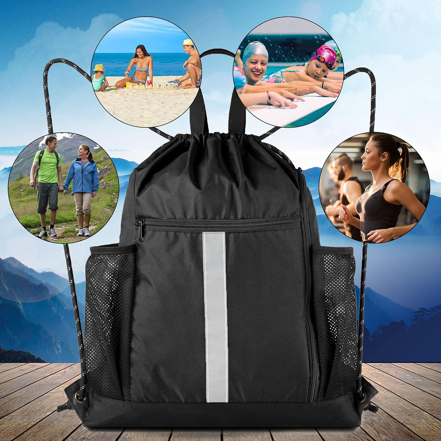 Drawstring Backpack Bag Sports Gym Backpack with Shoe Compartment and Two Water