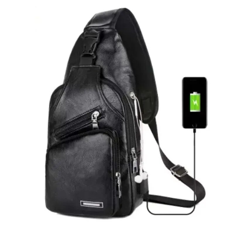 Men’s Casual Chest Bag PU Leather USB Charging Crossbody Travel Shoulder Bag