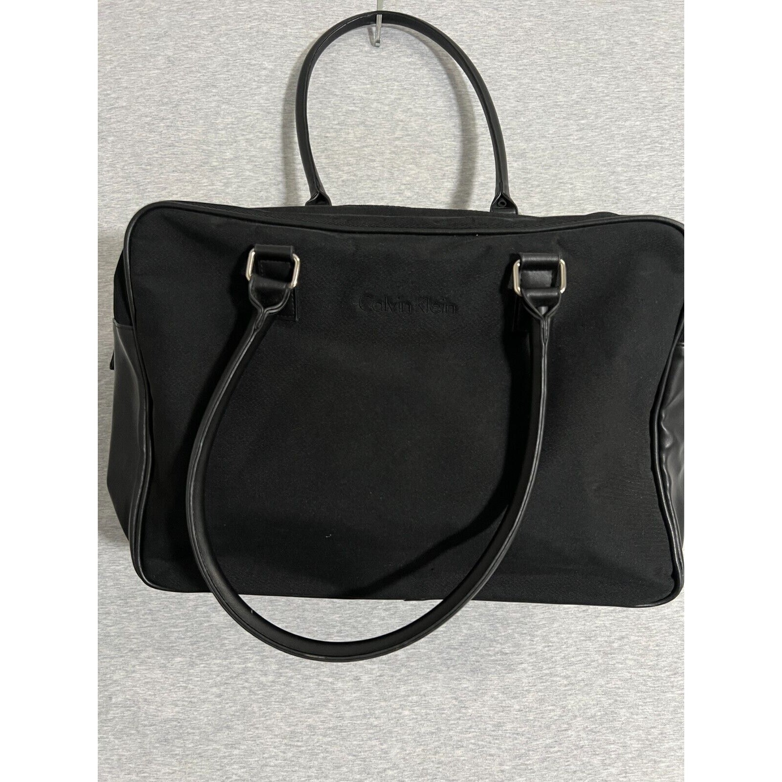 Calvin Klein Canvas Duffle Gym Weekend Bag Top Handle 15x11x6 Faux Leather Trim