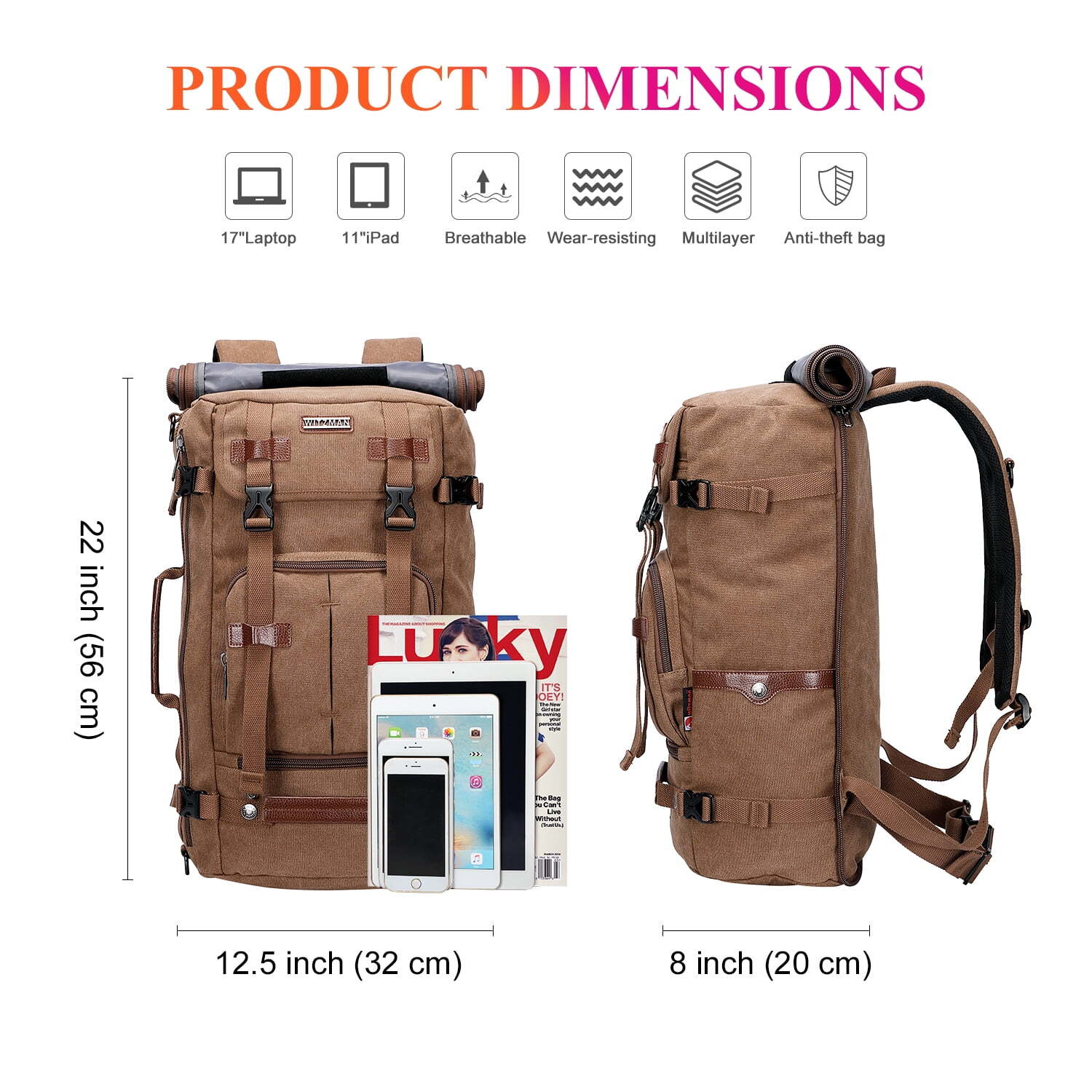 WITZMAN Travel Backpack Large Canvas Luggage Carry on Duffel Bag Brown