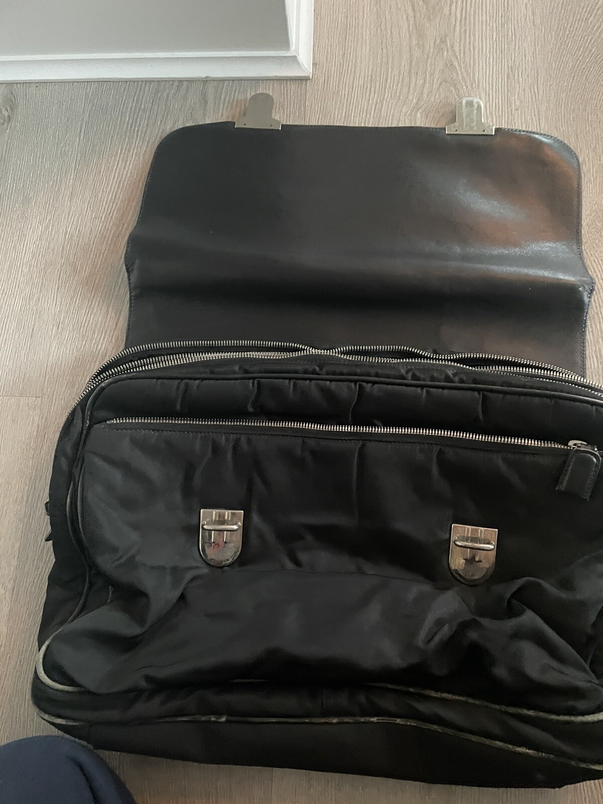 Prada Mens Single Handle Double Logo Clasp Large Briefcase Black Leather Nylon