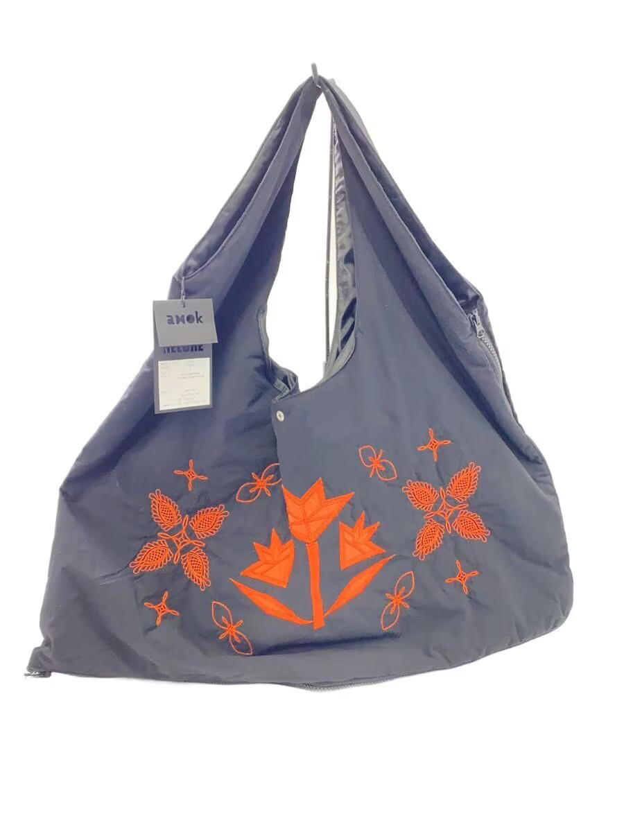 amok Cotton Tote Bag, Black, 251091, Flower Quilt Bag, with Tag