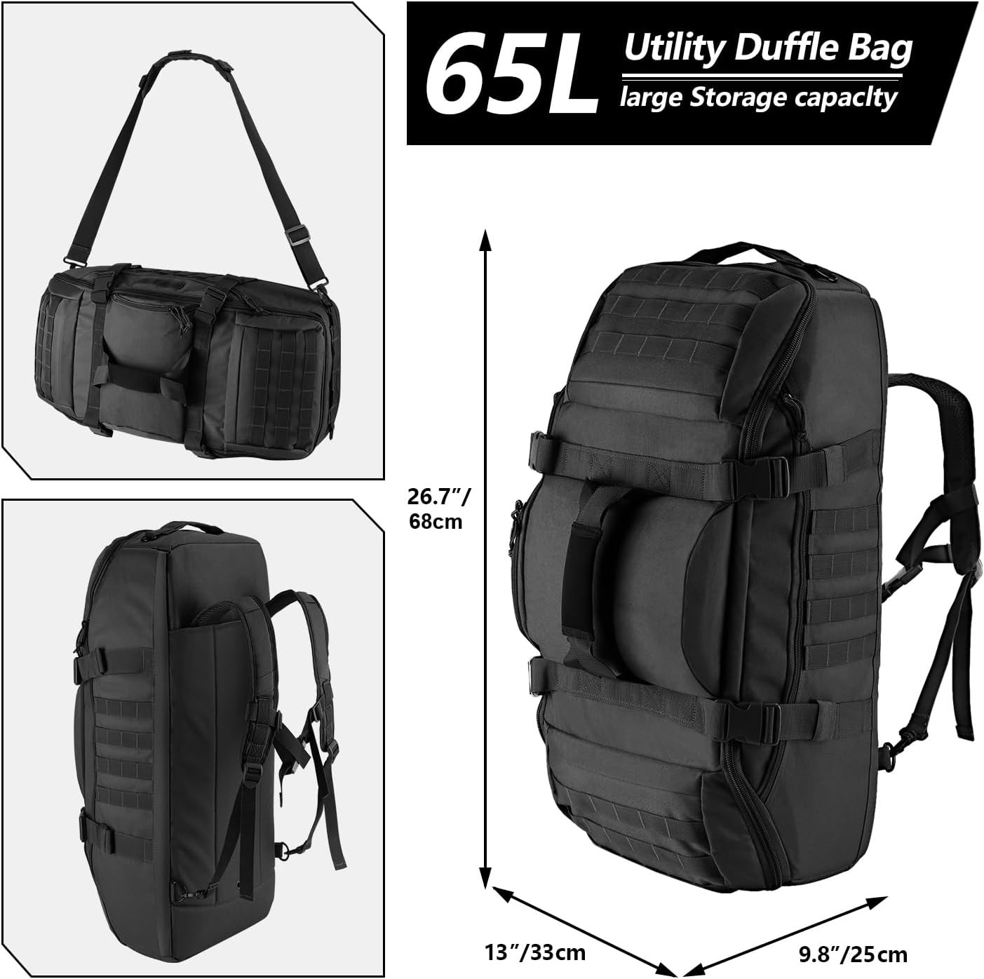 Hannibal Tactical 65L Duffle Backpack 3 in 1 Black
