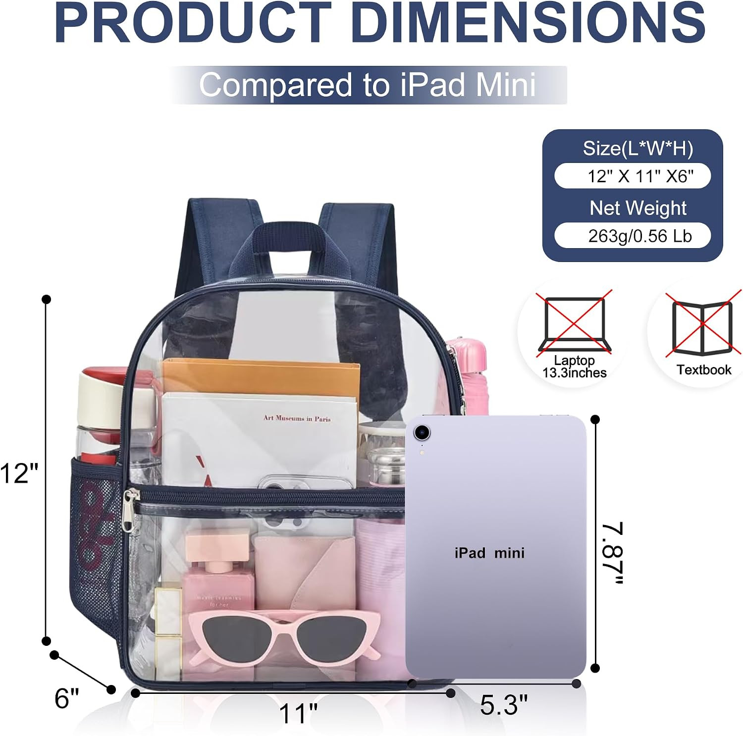 Clear Backpack Stadium Approved, 12 X 6 X 11 In, Small Transparent Backpack for