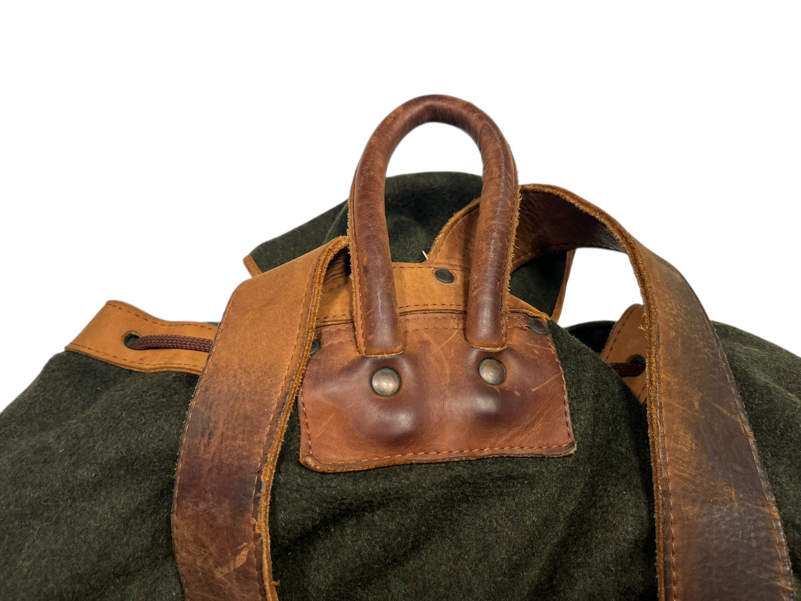 Vtg UNBRANDED Green/Brown BEAUTIFUL WOOL/LEATHER BACKPACK Travel Hike Gear Bag