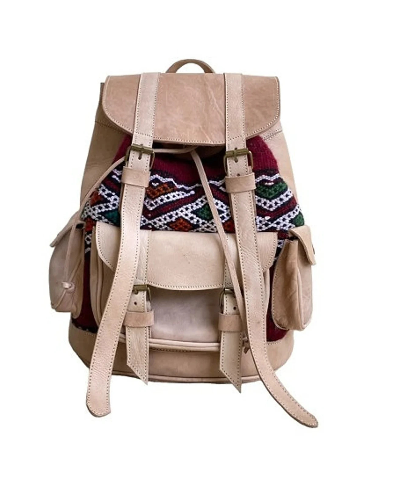 Handcrafted Genuine Leather & Red Kilim Backpack – Brown Leather | Central Zip