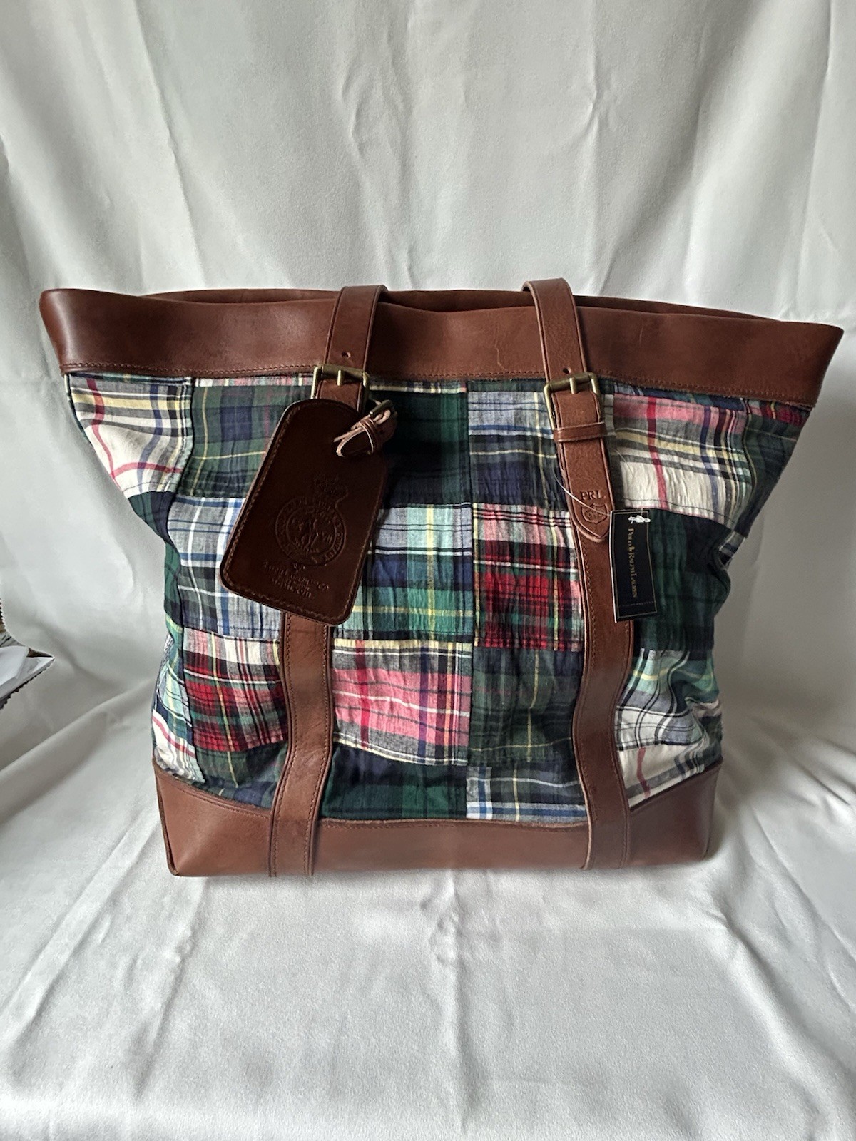 Ralph Lauren Plaid Fabric And Brown Leather Tote Bag New With Tag
