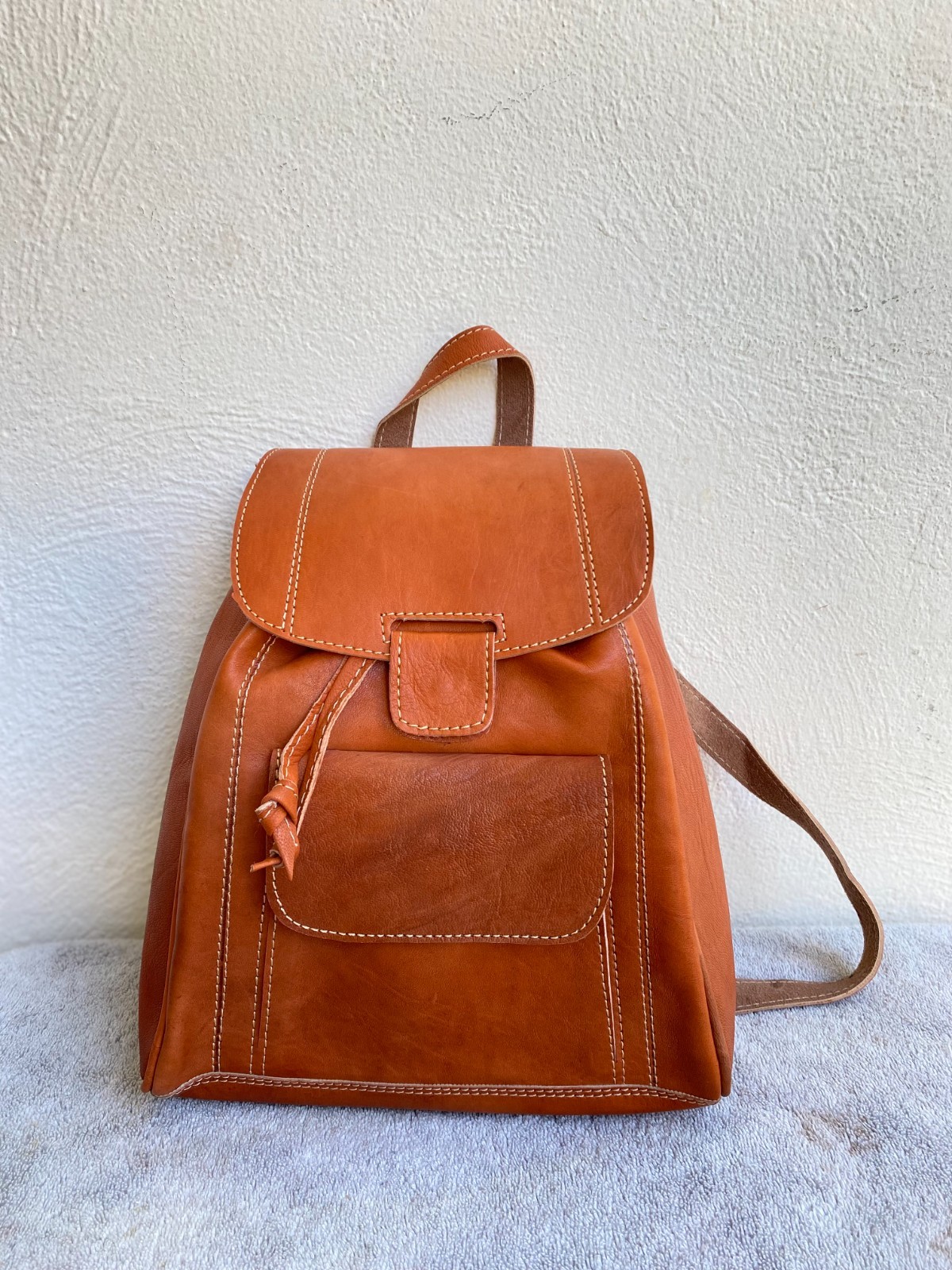 Cognac Leather Backpack Handmade Morocco Artisan Zip Genuine Leather