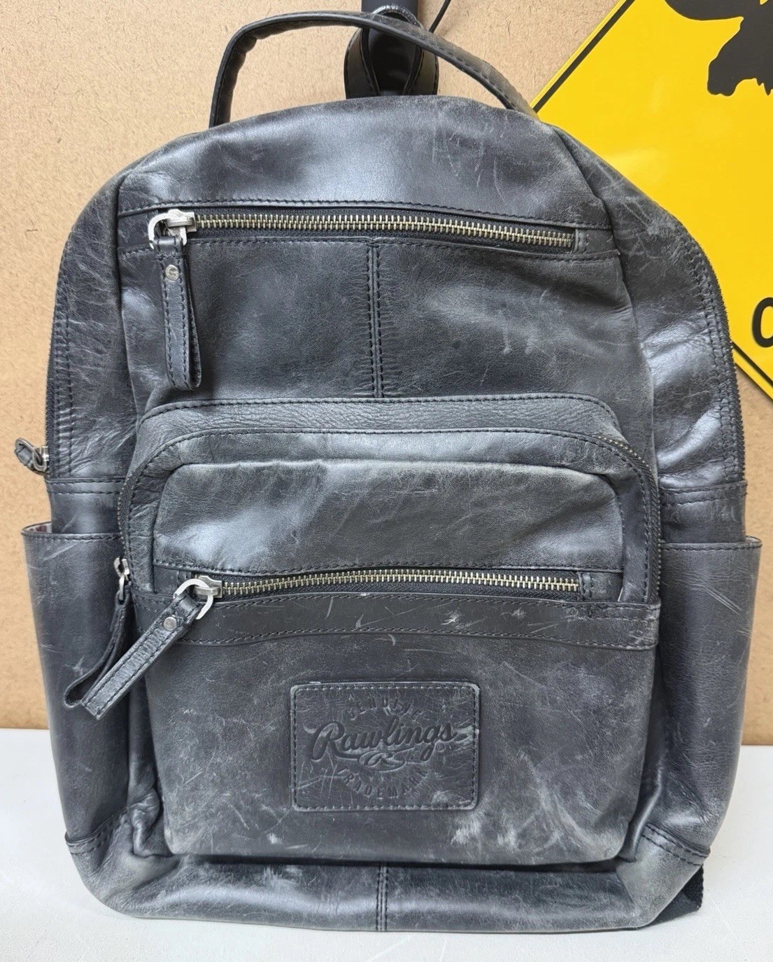 Rawlings Black Leather Rugged Backpack w/Zipper Closures & Striped Interior RARE