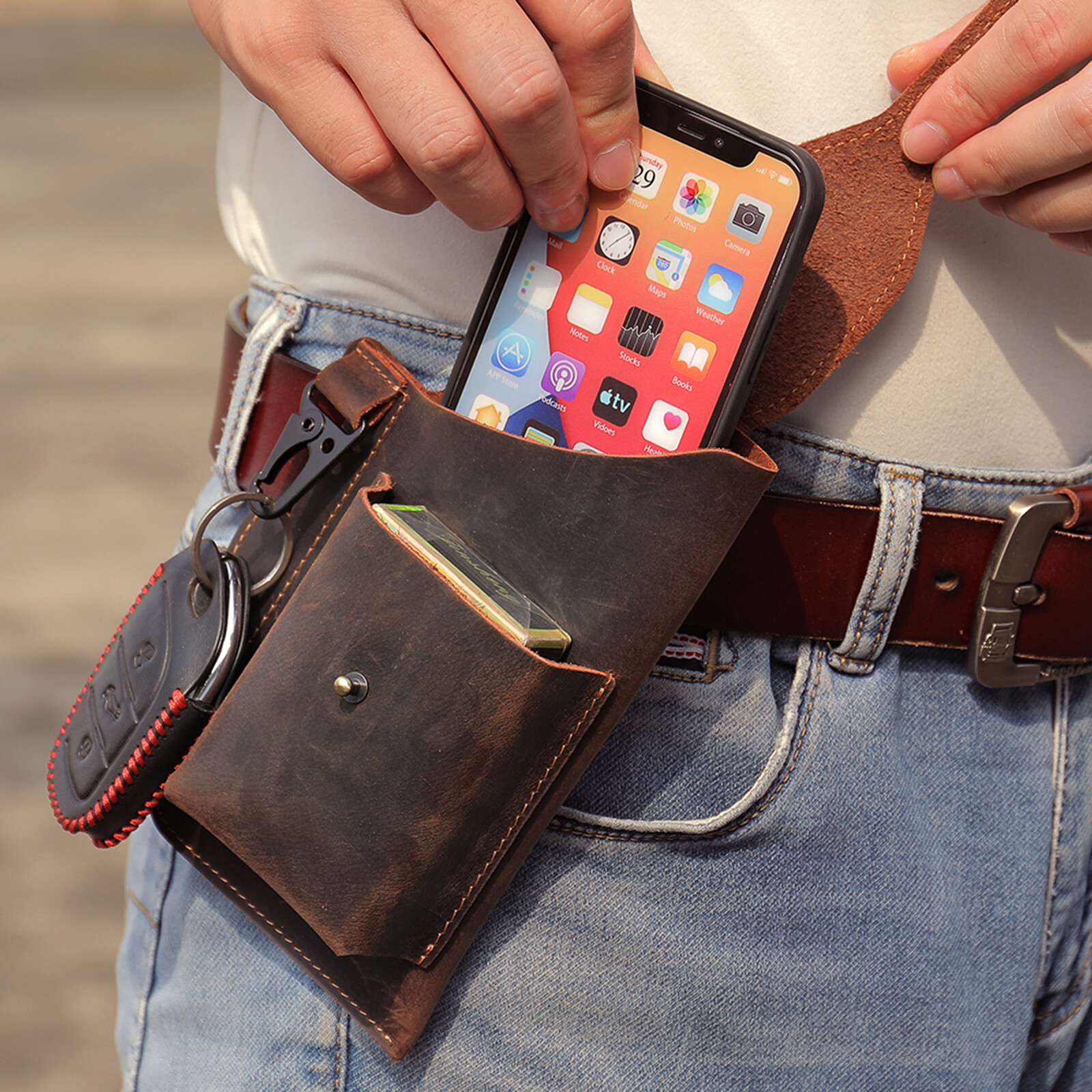 Men’s Leather Belt Pouch Phone Holder with Key Clip Vintage Waist Bag