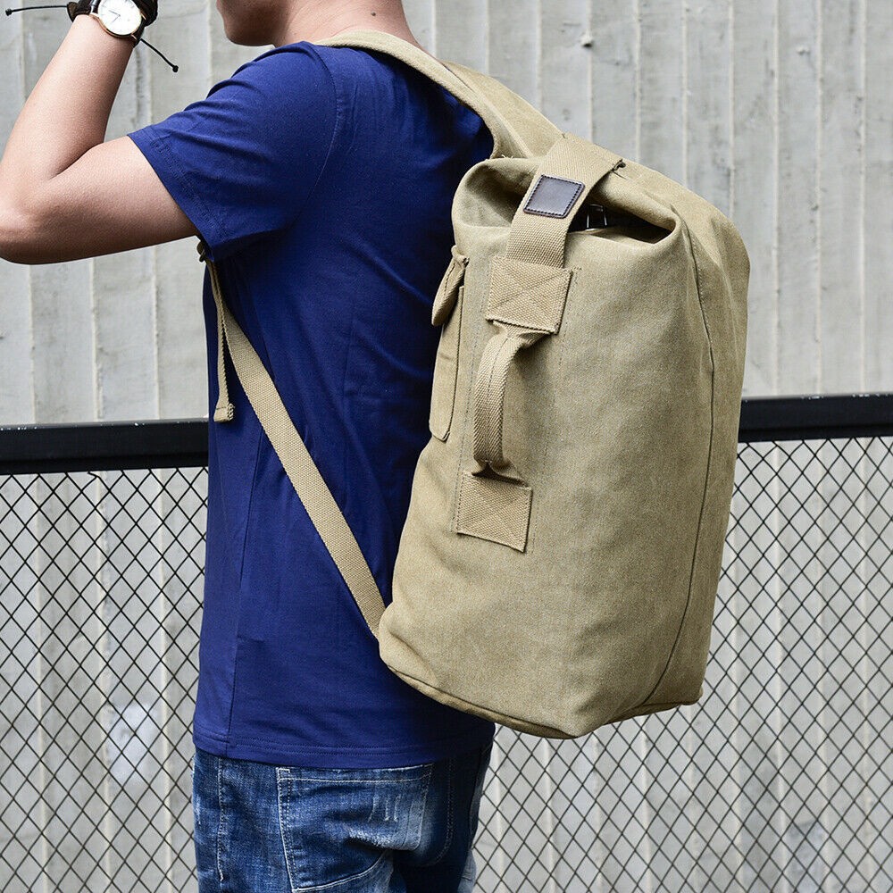 Large Canvas Luggage Bag Backpack Men Bucket Camping Travel Shoulder Rucksack