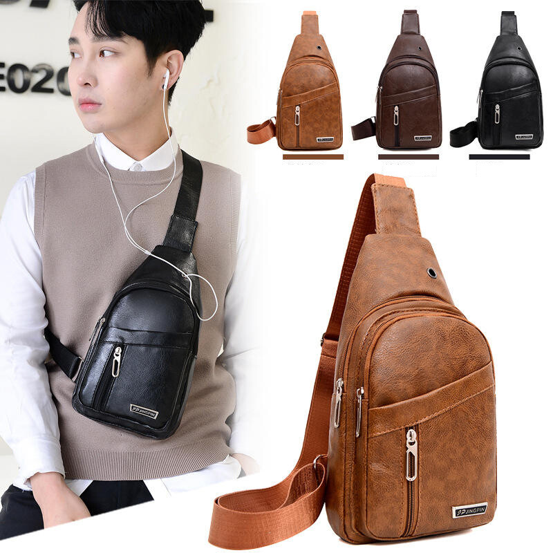 Men Crossbody Bag PU Leather Chest Bag Travel Leisure Bag Mobile Phone Bag Gift