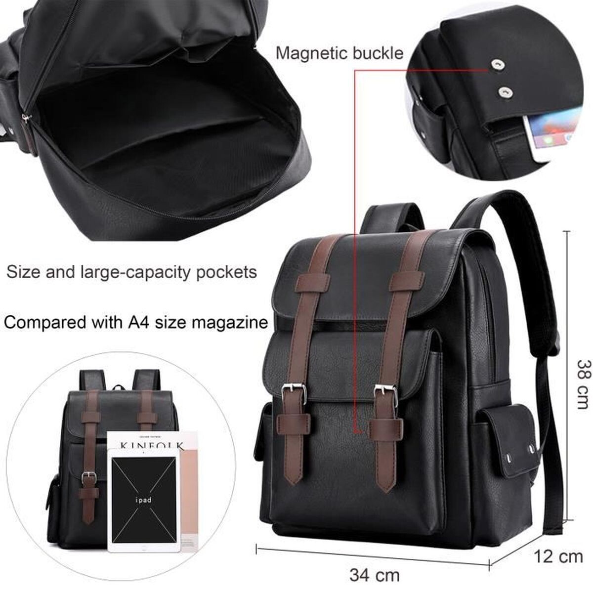 Brown Waterproof PU Leather Backpack 14 Inches Large Capacity Work Travel