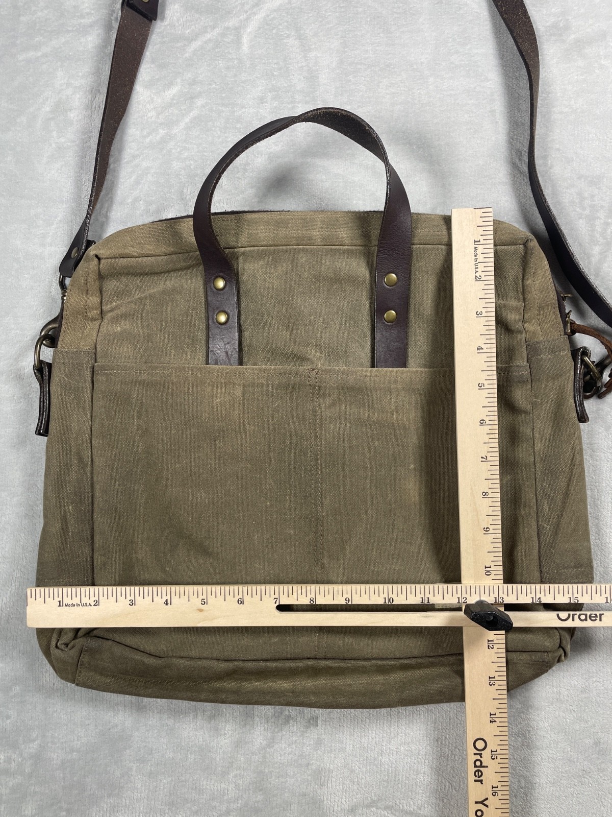 J. Stark Waxed Canvas Briefcase Messenger Bag Olive Brown Leather Strap USA