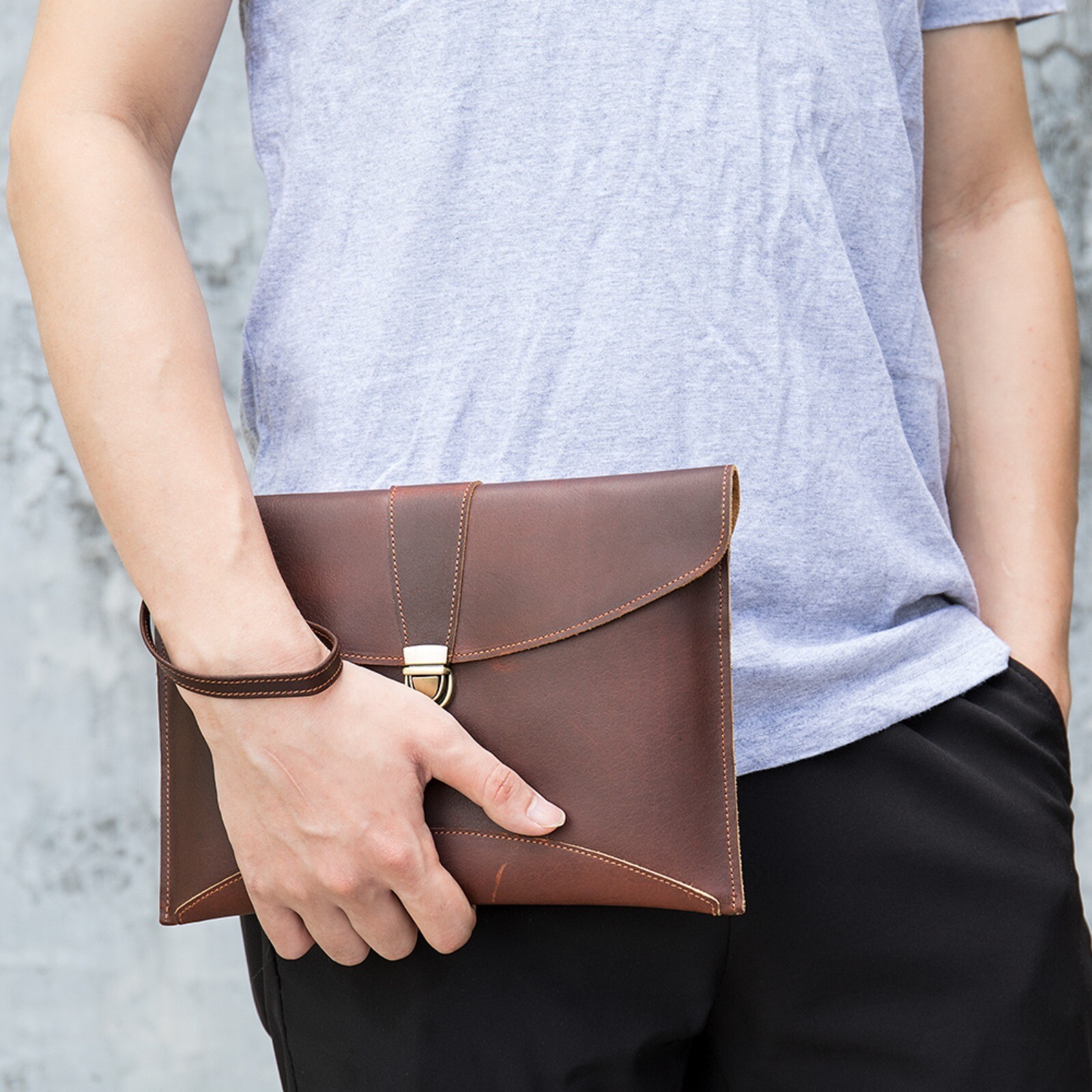 Men’s Leather Clutch Bag with Wrist Strap Business Travel Pouch Workwear Bags Sz