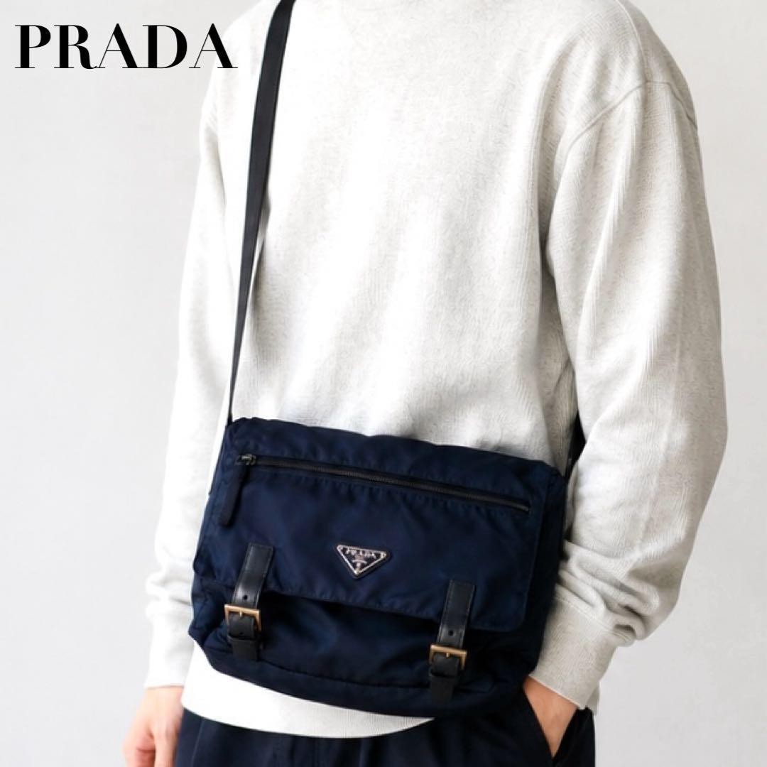 PRADA Unisex Nylon Messenger Bag Triangle Logo Navy Authentic