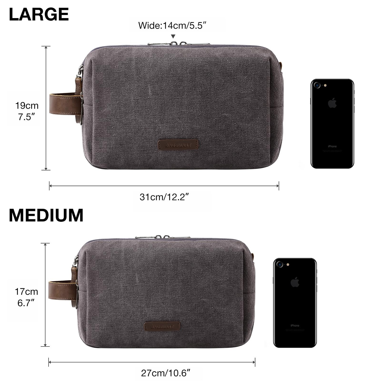 BAGSMART Toiletry Bag for Men, Canvas Travel Organizer Large, Grey