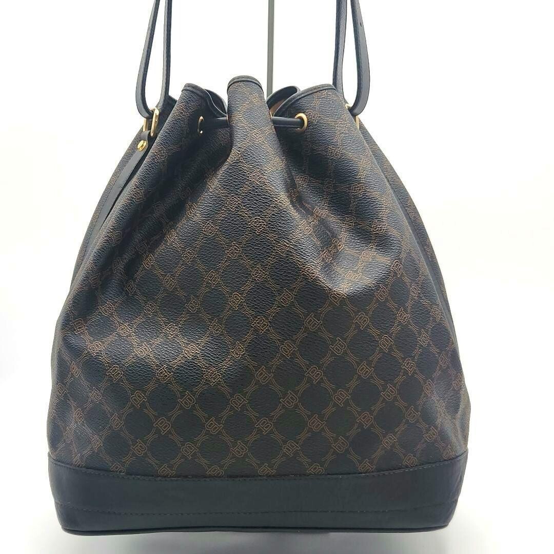 Bally Monogram Drawstring Backpack 2Way Black PVC Leather Gold Tone 2 Zipper Bag