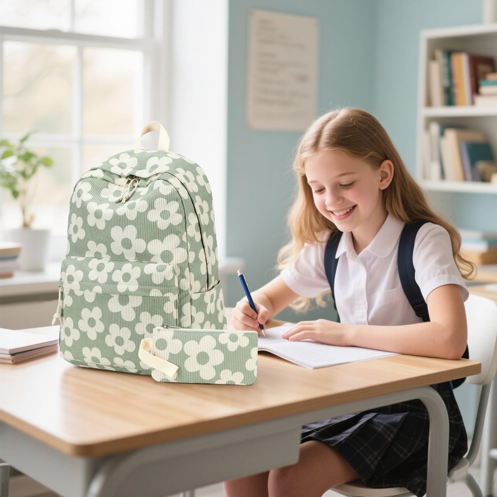 Bluboon School Backpack Set Girls Womens Beige Floral / Green-gray Base