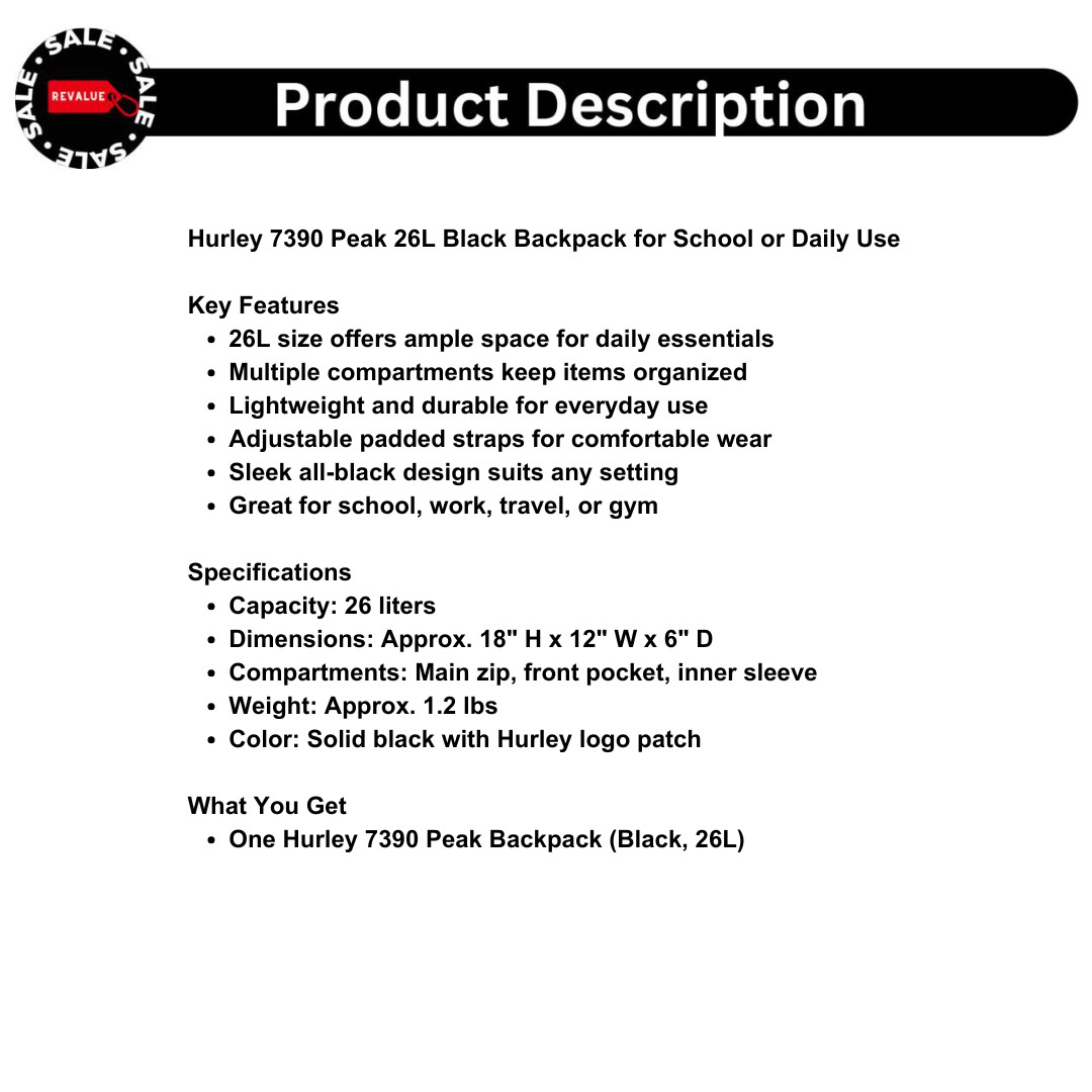 Hurley 7390 Peak 26L Black Backpack for School or Daily Use