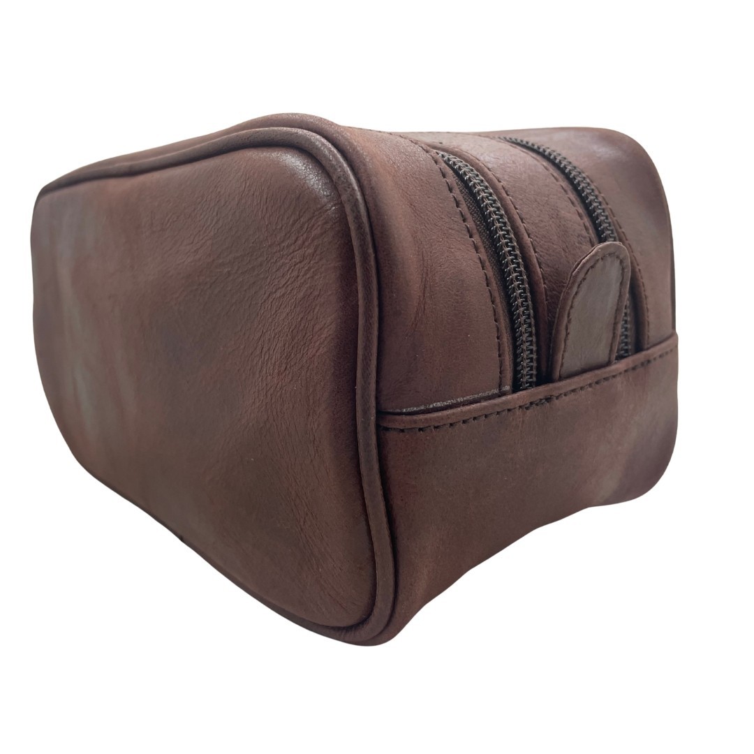 Premium Leather Toiletry Bag for Men – Compact Double Zipper Travel Dopp Kit