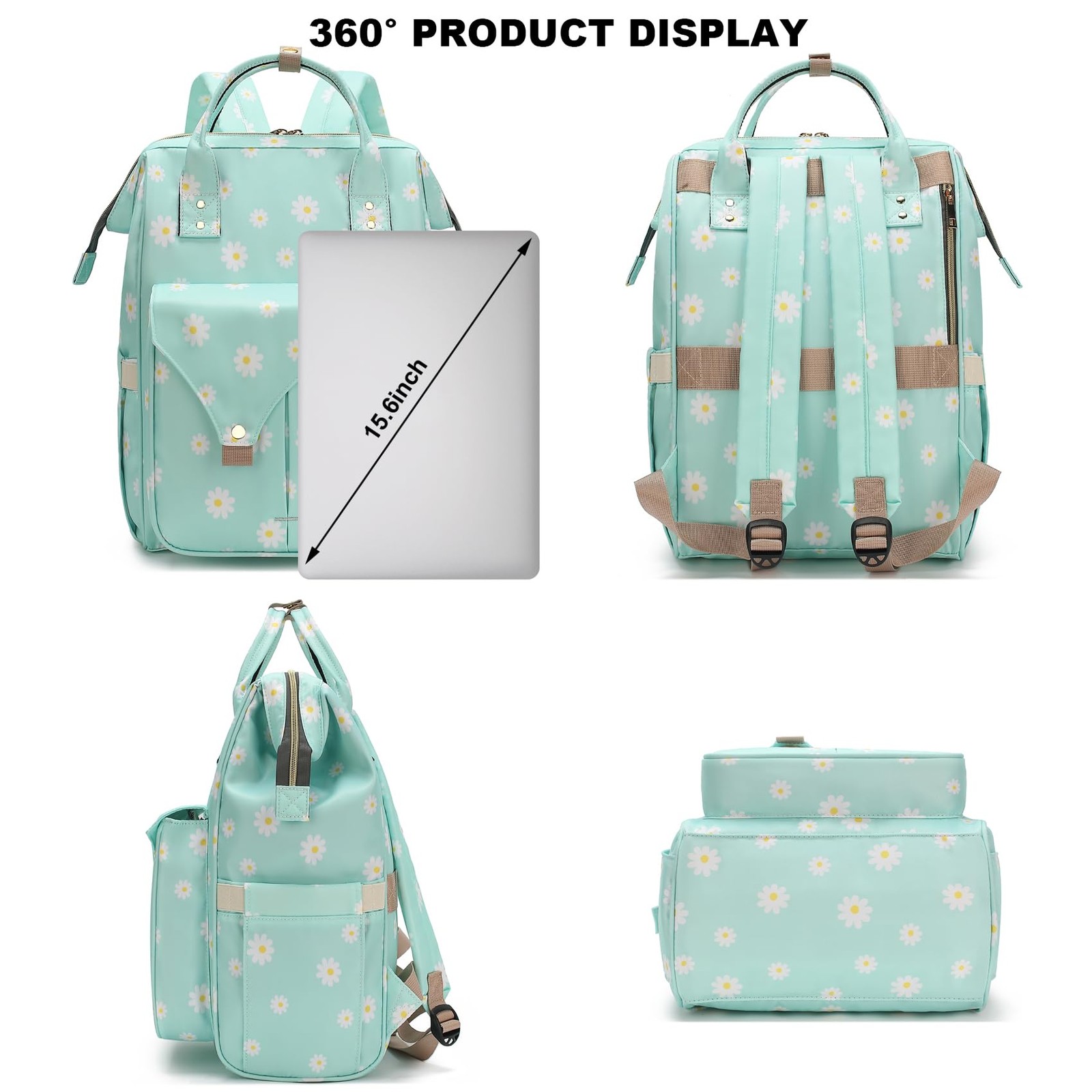 Flowers Laptop Backpack College School Nurse Bags Travel 15.6 Inch Daisy Green