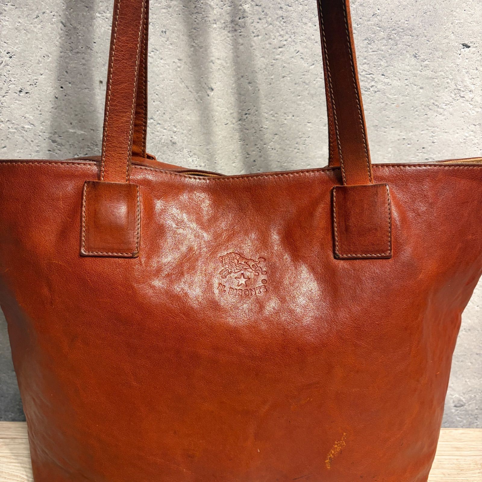 IL BISONTE Leather Tote Bag Brown Genuine Leather Shoulder Bag 26×28cm