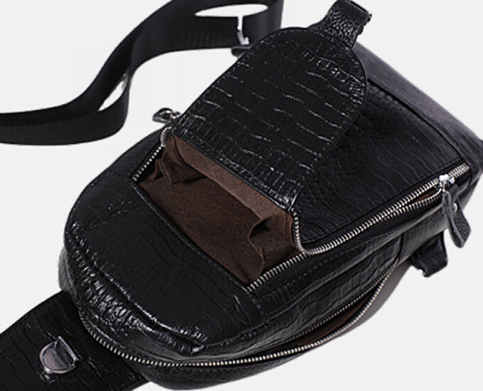 Genuine Leather Sling Backpack Black Men’s Crossbody Chest Bag Crocodile Pattern